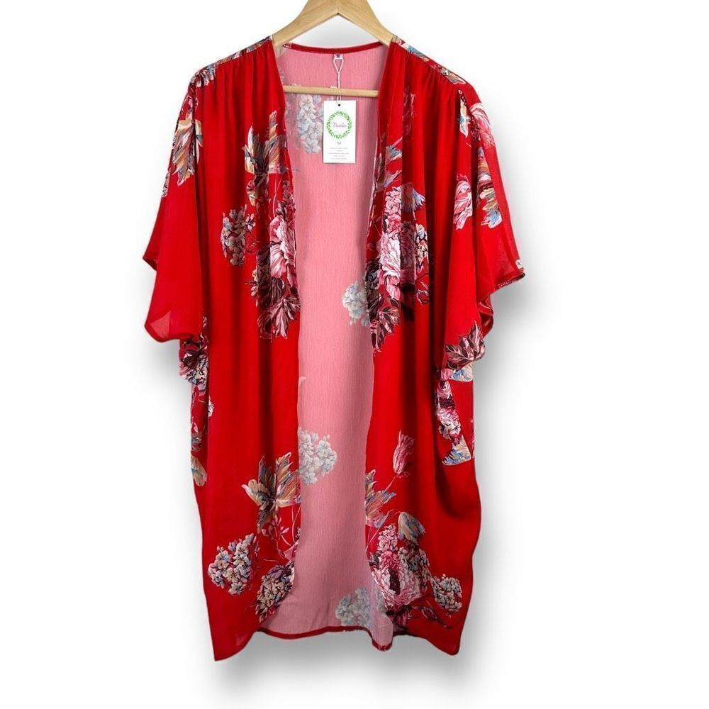 Boutique‎ Women's M Ezbelle Kimono Top Red Floral Open Front Drape Robe Cover Up
